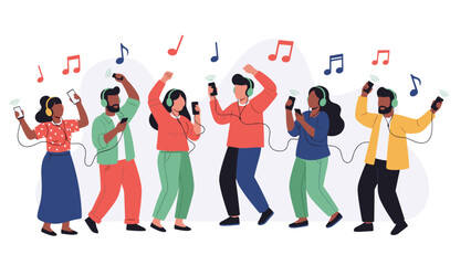 Obraz premium Group of friends dancing and listening to music using smartphones and headphones at a party or social gathering.