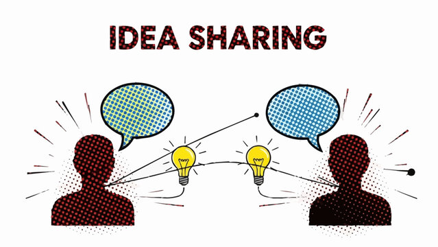 Two people sharing ideas with lightbulbs and speech bubbles.