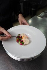Chef meticulously plating an exquisite dish, focusing on the details of culinary art. The plate is presented with a gourmet arrangement