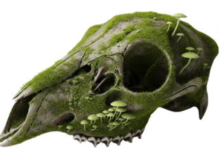 A detailed animal skull covered in moss and mushrooms, symbolizing nature's rebirth and decay, isolated on transparent background