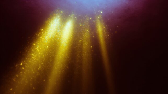 Golden light rays with dust and sparkling effect, cinematic sun beams shining downwards with floating particles in neon mint and sofi lilac, warm amber glow