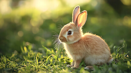 Fototapeta premium Adorable baby bunny rabbit sitting in lush green grass at sunrise