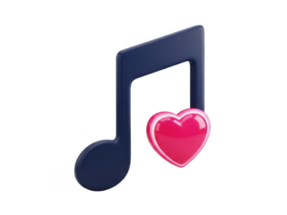 A 3d rendered dark blue musical note with a pink heart inside, symbolizing love for music and melody, isolated on transparent background