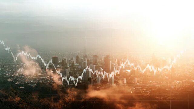 City skyline sunrise with financial chart overlay expressing optimistic growth and warm light sunset city skyline stock market decline financial chart overlay urban skyline silhouette dramatic cloud