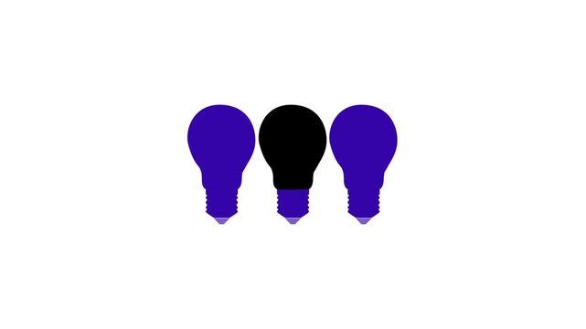 Hand selecting unique black light bulb from two identical purple light bulbs animation