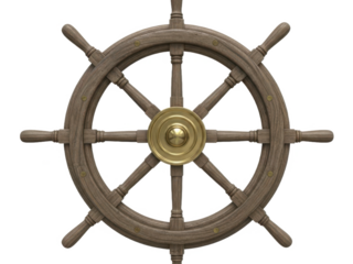 Vintage wooden ship's wheel with brass centerpiece, nautical steering wheel, isolated on transparent background