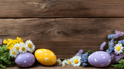 Easter greetings on a wooden background with Easter eggs
