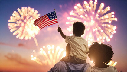 Family watching fireworks with child holding American flag