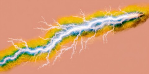 Obraz premium Bright blue lightning bolt with electric sparks and glowing energy discharge featuring a neon light effect on a plum and buttercream background, ideal for technology and power concepts