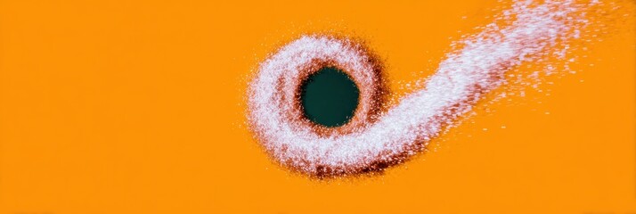 Luminous spiral light twirl creating a glowing silver neon circle ring frame with motion blur on an orange background, ideal for technology presentations and abstract backdrops with copy space