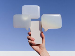 Hand holding smartphone with blank white speech bubbles against a pure white background, minimal social media mockup, perfect for chat or message template copy space