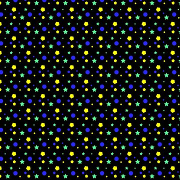 Seamless geometric pattern with colorful stars, circles, and pentagons on a black background. Vibrant abstract design ideal for textiles, wallpapers, packaging, and modern backgrounds. Ratio 1:1