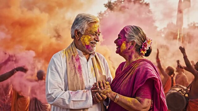 A happy elderly indian couple celebrating the vibrant holi festival, covered in colorful gulal powder in a warm, diffused outdoor setting.