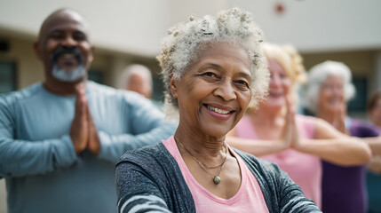 A woman and a man are doing yoga together. The woman is wearing glasses and the man is wearing a blue shirt