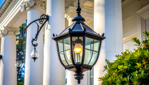 Classic black iron lantern hanging on white building column - Powered by Adobe