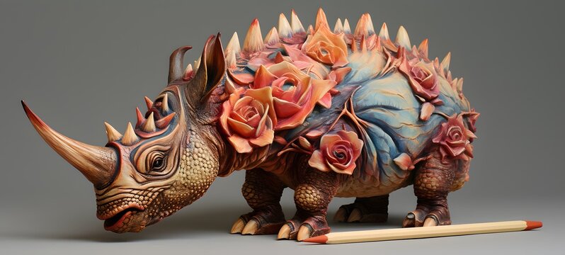 Triceratops shaped matchstick carving,generative AI