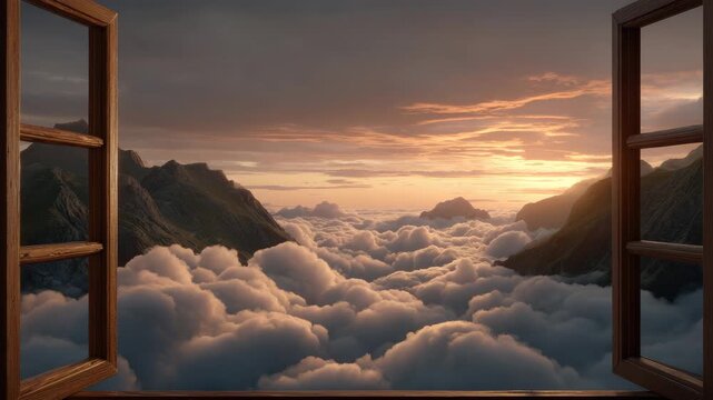 Sunset cloud mountain valley window frame sky golden light scenic panoramic view from open window overlooking misty clouds and rugged peaks at golden hour creating peaceful awe inspiring atmosphere