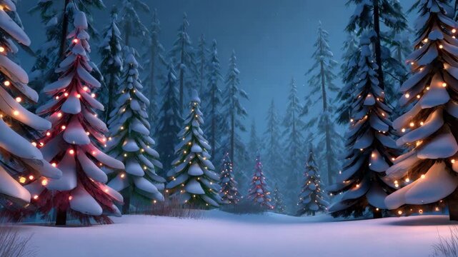Snowy pine forest with string light decorated evergreen tree and soft twilight glow creating peaceful holiday atmosphere gentle snow cover and distant fir silhouettes starry sky snowy forest dusk