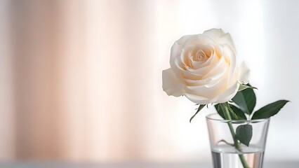 A single delicate white rose in a clear glass of water with soft background.