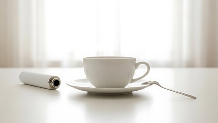 A white coffee cup and saucer with a spoon and a white object on a table.