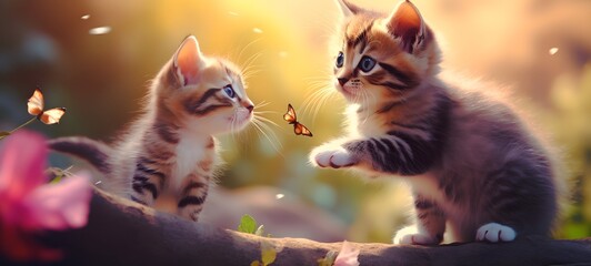 playful happy kitten and puppy, friends, kitten tryes to catch small butterfly with his paw, sakura flourishing bush in the background,generative AI
