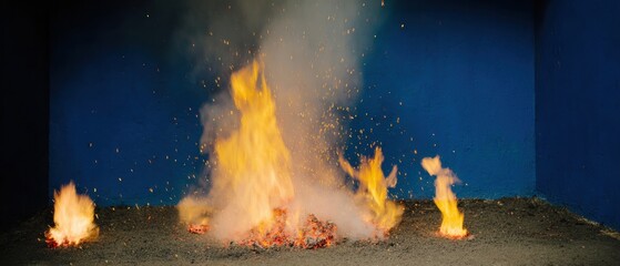 Burning embers and fire particles with bright glowing flames, sparks of fire and flying cinder, abstract heat sparkles, in a high contrast gradient background, for design overlay