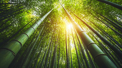 Sunlight filtering through dense bamboo forest canopy
