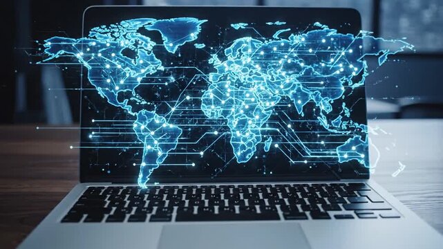 Laptop with World Map Display.