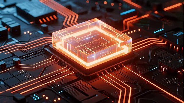 Futuristic circuit board with glowing chip