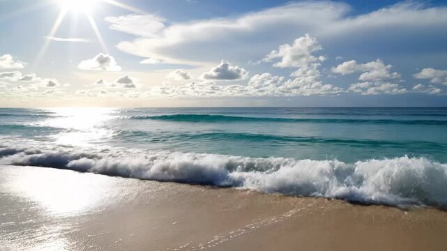 Gentle ocean waves rolling onto sandy beach under sunny sky for nature and travel background