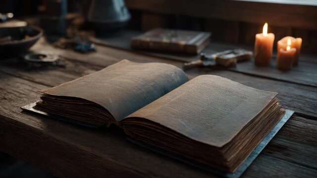 Ancient book old book open book vintage manuscript candlelight wooden table parchment rustic historical reading open book wooden table with candlelight antique book vintage paper parchment open pages