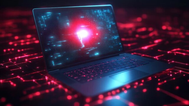 A sleek laptop with a glowing red core, intricate glowing lines, and a futuristic data-filled screen