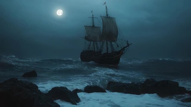 A majestic ship sails on a turbulent sea under a full moon at night, the shore rocky