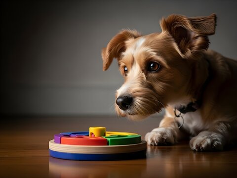 Curious Havapoo Puppy Engages With Colorful Puzzle Toy