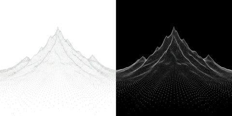 A futuristic digital illustration of a mountain range created with tiny white dots on a black background 