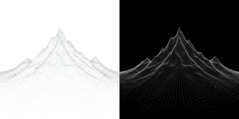 A futuristic digital illustration of a mountain range created with tiny white dots on a black background 