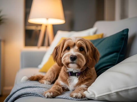 Adorable Havapoo Puppy Relaxing on Sofa