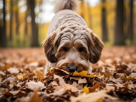 Adorable Havapoo Puppy Exploring Autumn Leaves