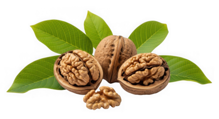 Fresh walnuts and leaves isolated on transparent background