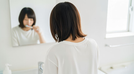 Woman Brushing Teeth in Front of Mirror