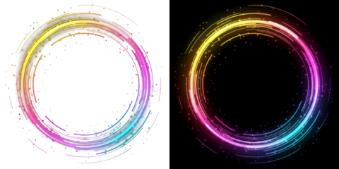 A vibrant digital illustration of two glowing neon circles on a dark background 
