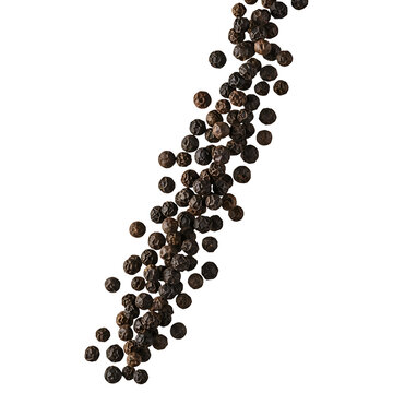A dynamic trail of whole dried black peppercorns scattered on a white surface.