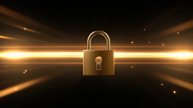 Gold padlock keyhole glowing with horizontal light streaks and dark background conveying security and protection, gold padlock security lock glowing with golden light beam across dark background