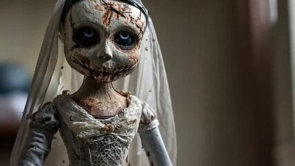 Creepy zombie doll in wedding dress