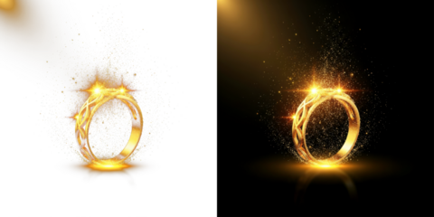 A glowing golden ring with sparkling particles on a dark background 