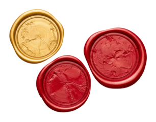 Three colorful wax seals on a black background, used for official documents and authentication 