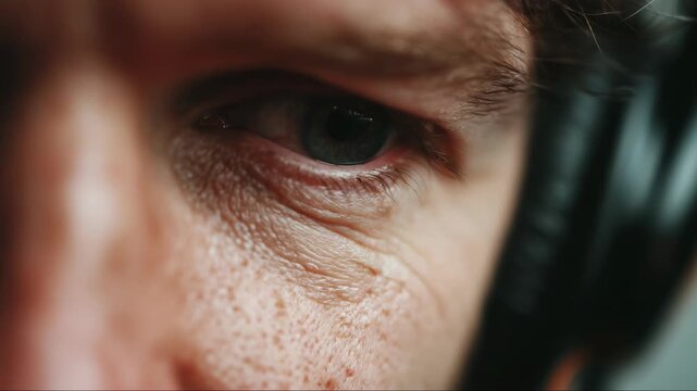 Close up eye wearing headphones studio portrait