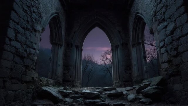 Ancient stone archway ruins dusk framing moody twilight landscape with bare trees, rocky foreground and distant hills, atmospheric mysterious scene overlooking misty forested valley purple sky