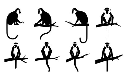 Minimal flat arboreal monkey vector icon set with long tail sitting on branch © MDFiroj