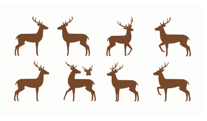 Obraz premium Minimal flat brown deer vector icon set with antlers in standing and jumping poses